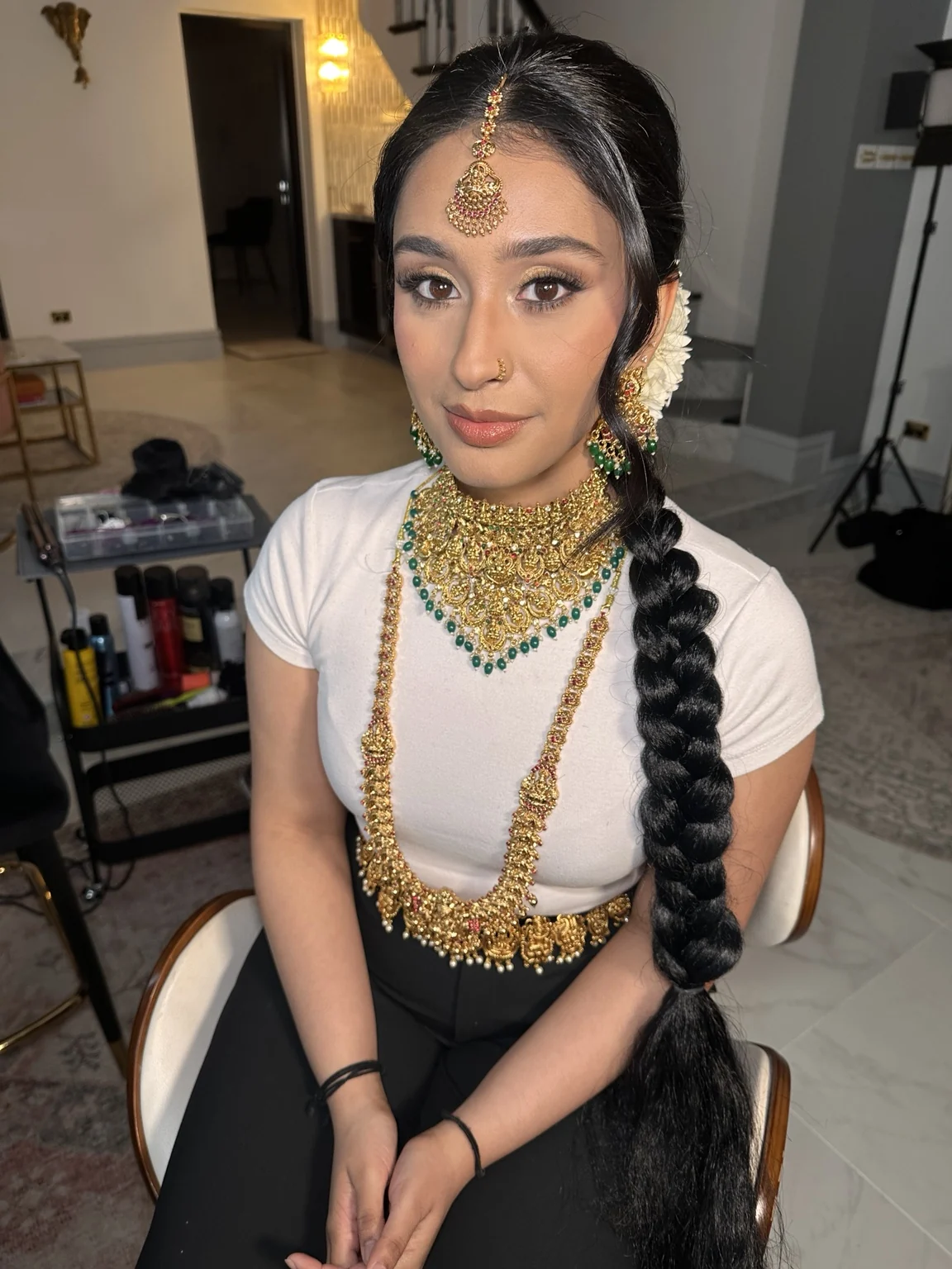 Avishma exploring bridal makeup and a long braid with jewellery during her booked trial at Heera’s Ultimo studio