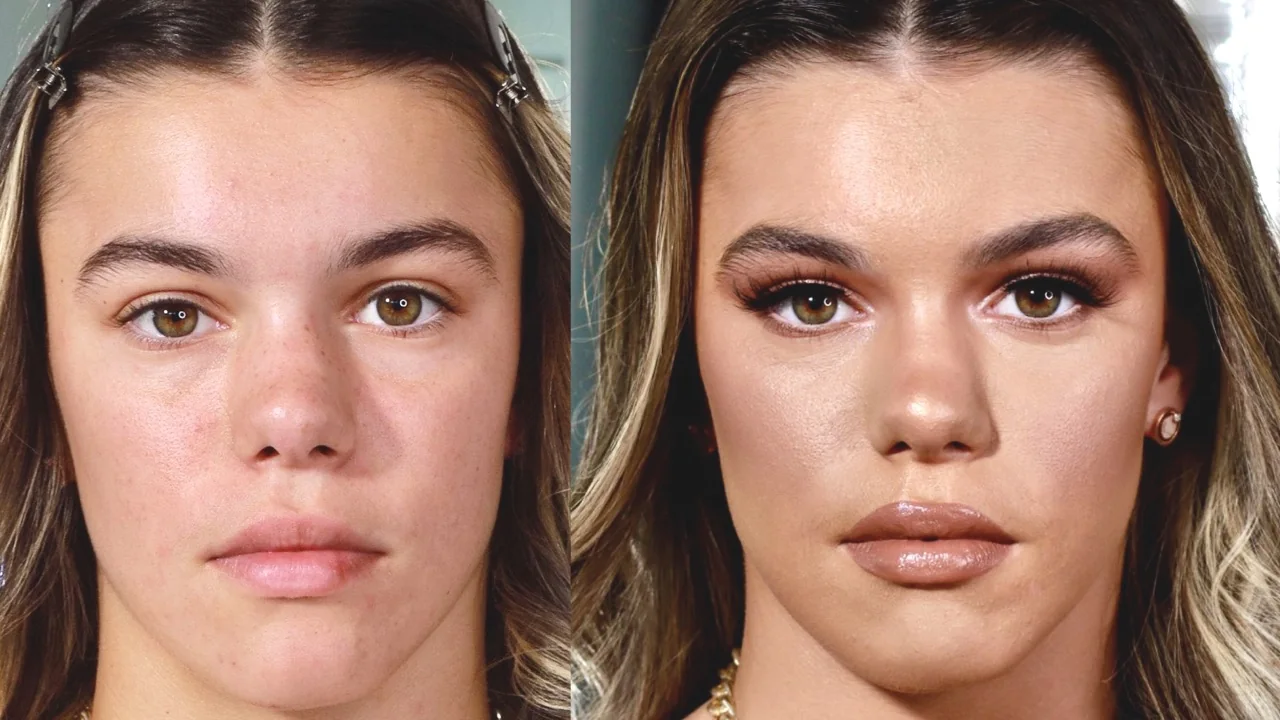 A supplied before-and-after portrait showing the makeup look created by Heera