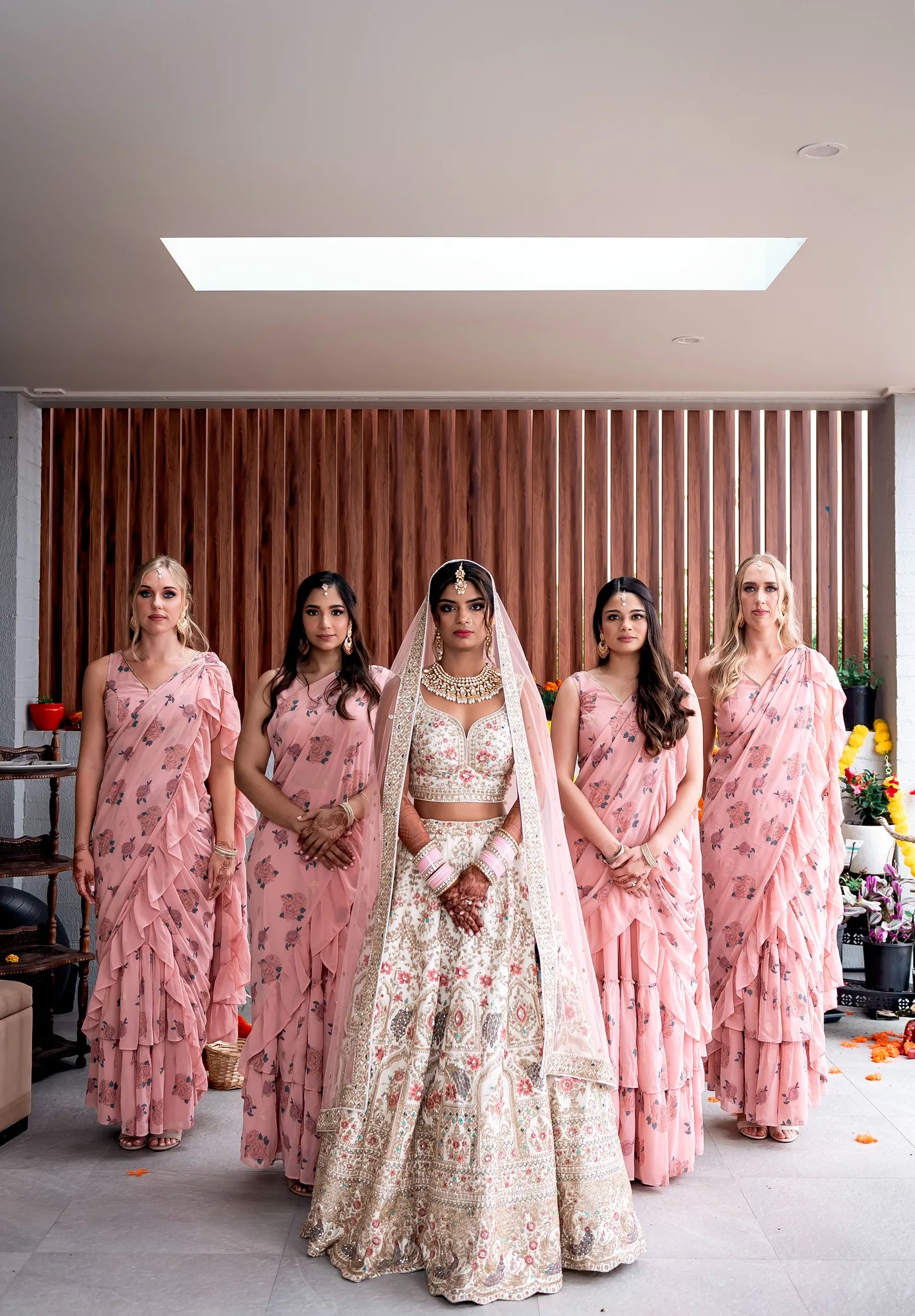 Shiv in traditional bridal styling with four besties in pink at Jamberoo Lodge