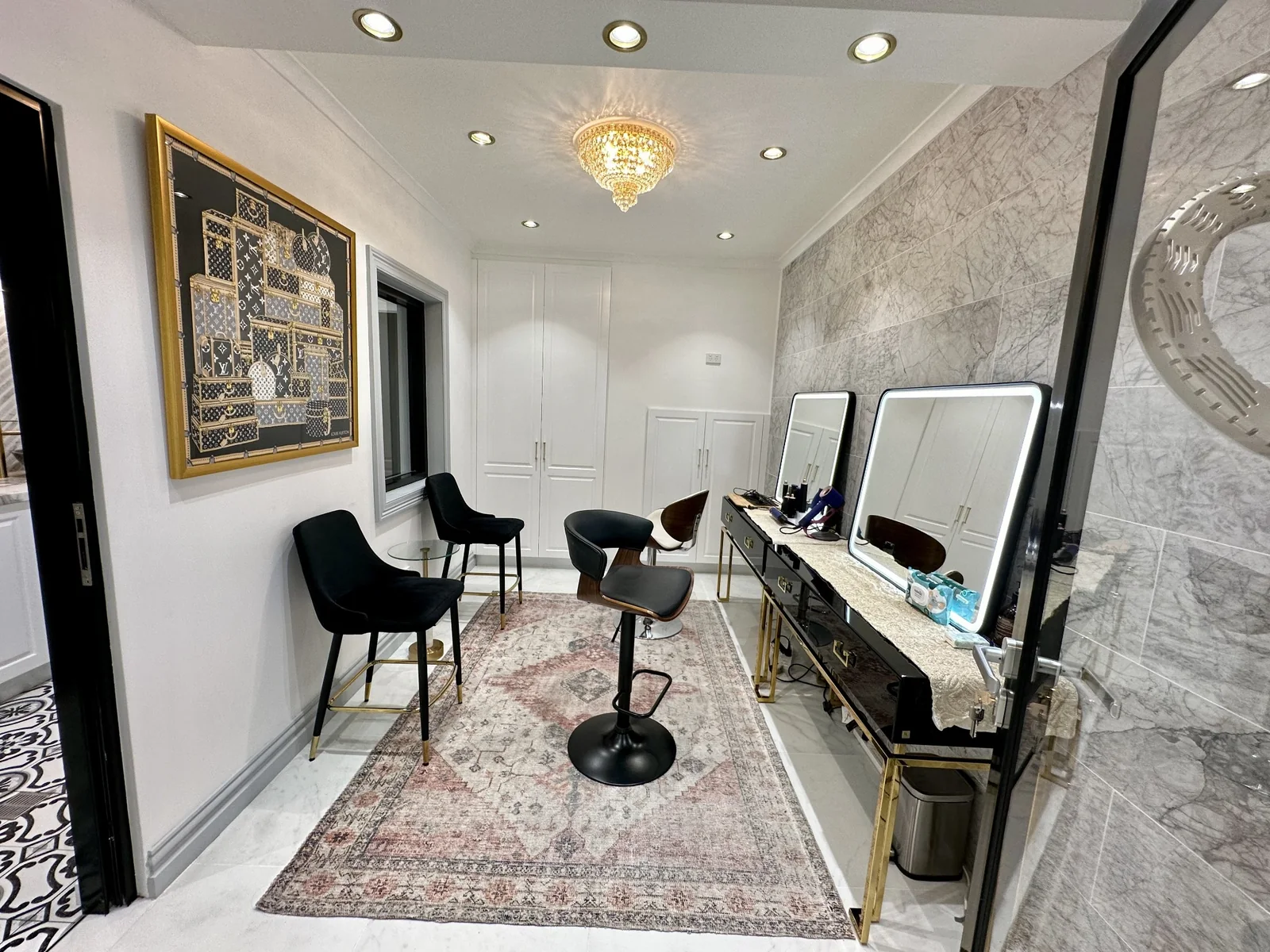 Inside Heera’s Ultimo studio, with makeup mirrors, styling chairs and patterned finishes